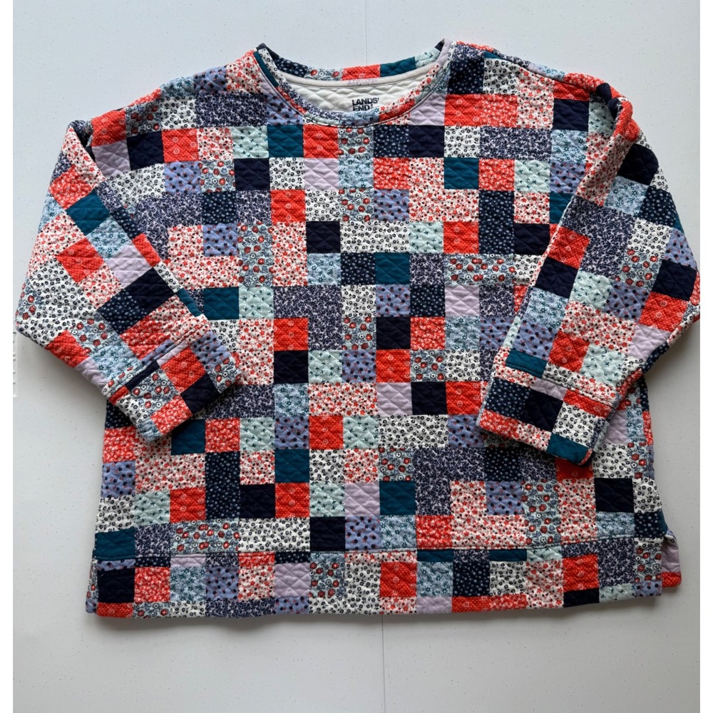 Lands' End Womens Quilted Patchwork Pullover Sweatshirt 14-16 Large Cottagecore